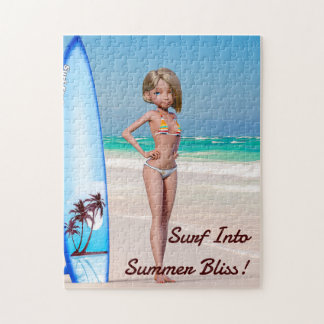 Puzzle Toon Surfer Girl Posing sur le bord de mer