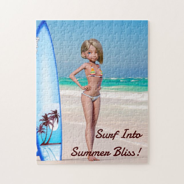 Puzzle Toon Surfer Girl Posing sur le bord de mer (Vertical)