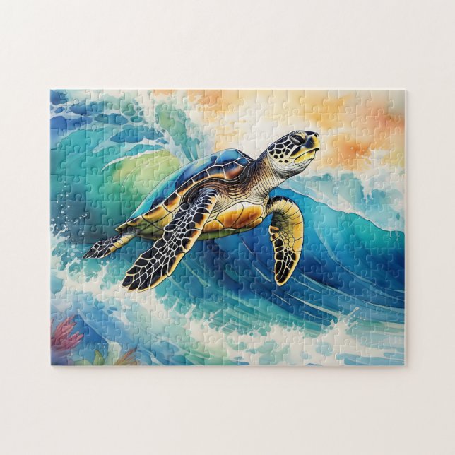 Puzzle Tortue de mer à cheval une vague vibrante aquarell (Horizontal)