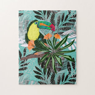 Puzzle Toucan coloré et fleurs.