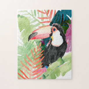 Puzzle Toucan Portrait with Tropical Leaves