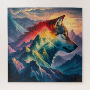 Puzzle Tour de montagne Silhouette Wolf coucher de soleil