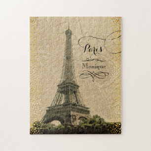 Puzzle Tour Eiffel Paris Carte Vintage Monogramme Nom