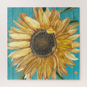 Puzzle Tournesol rustique Turquoise Bleu Grange Bois Pays