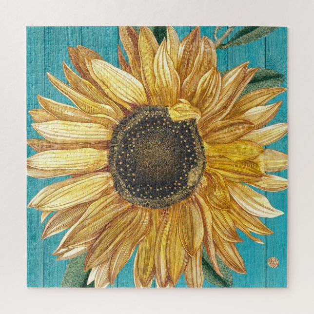 Puzzle Tournesol rustique Turquoise Bleu Grange Bois Pays (Vertical)