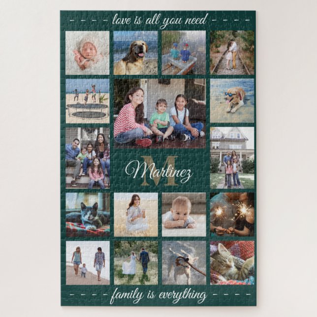 Puzzle Tout Citation Famille Photo Collage Vert Or Monogr (Vertical)