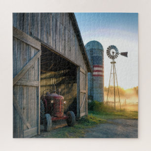 Puzzle Tracteur ancien avec moulin à vent et silo