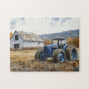 Puzzle Tracteur bleu rustique Aquarelle à grange blanche