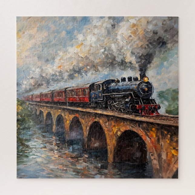 Puzzle Train à vapeur sur un pont - Peinture à l'huile (Vertical)