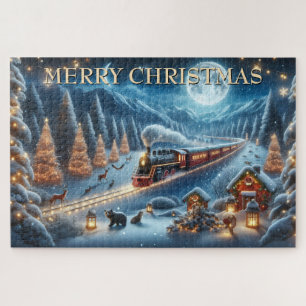 Puzzle Train de Noël avec lanternes et animaux des forêts