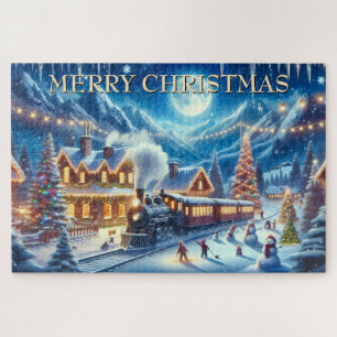 Puzzle Train de Noël dans un village enneigé avec des enf