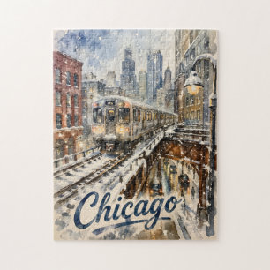 Puzzle Train élévé de Chicago dans la neige hivernale