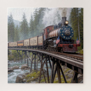 Puzzle Train patriotique américain vintage sur un pont à