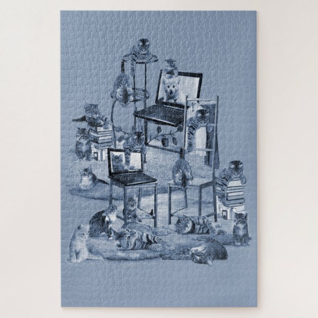 Puzzle Travailler de la maison avec mes chats Delft Blue  (Vertical)