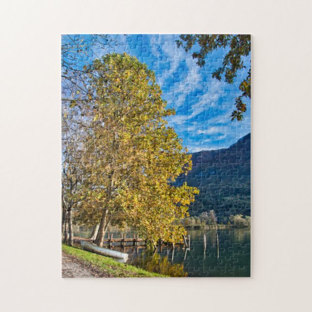 Puzzle Tree and boat by the lake fall landscape (Vertical)