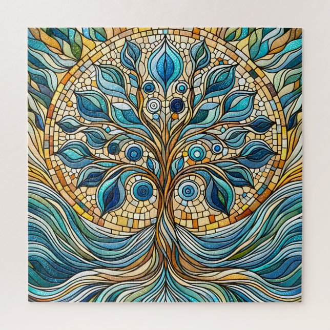 Puzzle Tree of Life Shattered Glass Mosaic Aqua Blues  (Vertical)