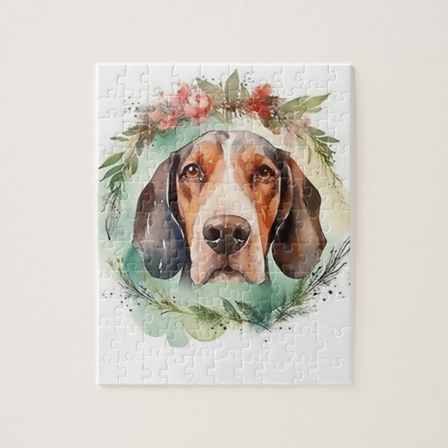 Puzzle Treeing Walker Christmas Wreath Festive Pup (Vertical)