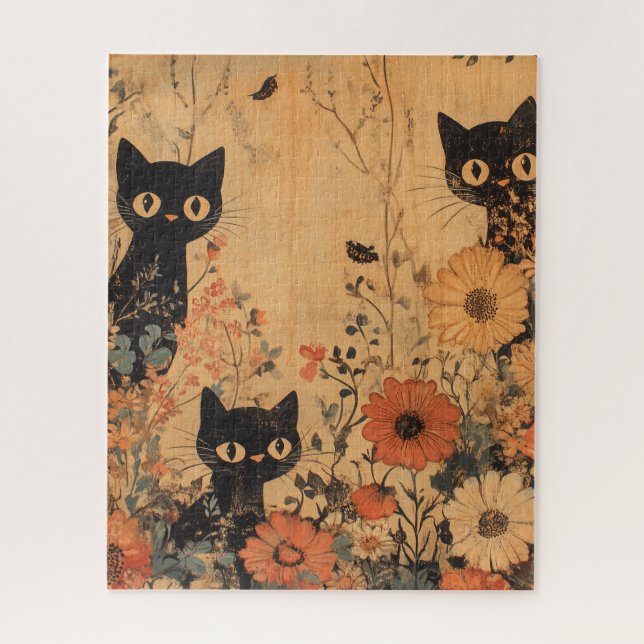 Puzzle Trio vintage de chat noir (Vertical)