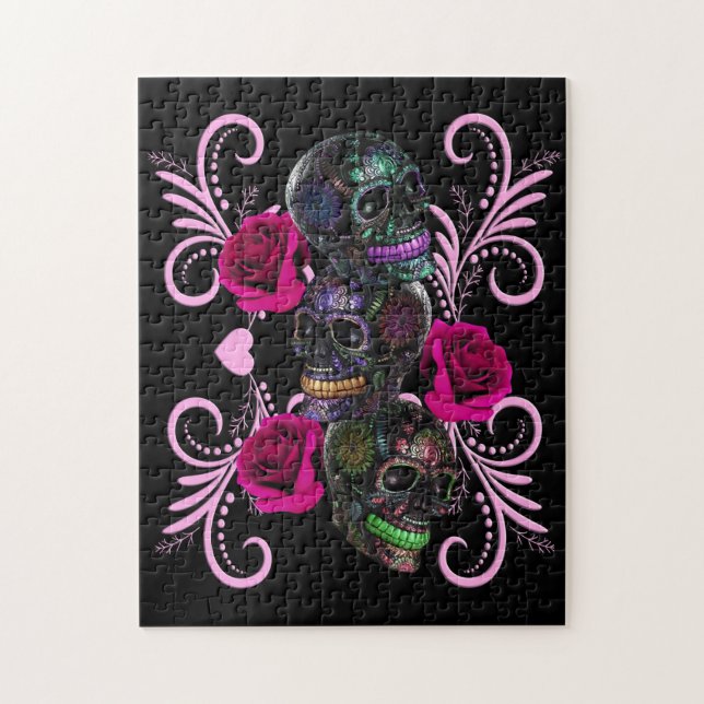 Puzzle Triple Jour Noir Des Crânes Morts Roses Rose (Vertical)