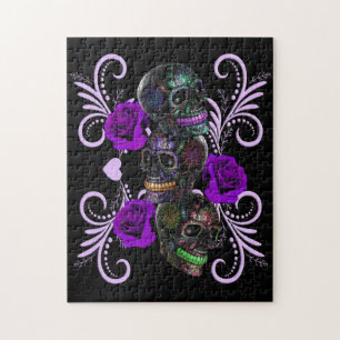 Puzzle Triple Jour Noir Des Crânes Morts Roses Violets