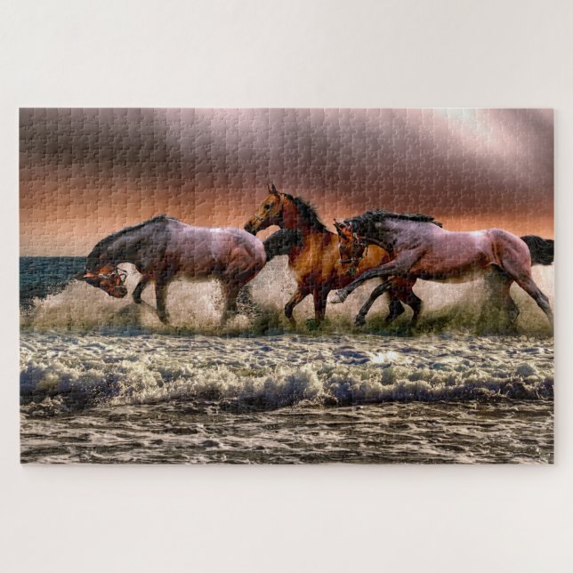 Puzzle Trois beaux chevaux Brown en peinture océanique (Horizontal)