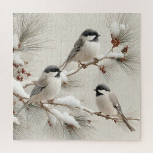 Puzzle Trois mésanges sur une branche de pin couverte de
