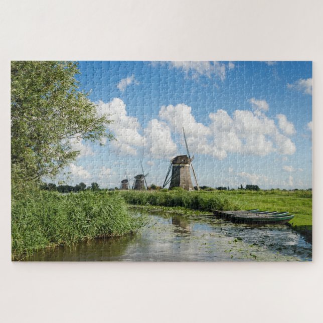 Puzzle Trois moulins à vent et un canal avec des bateaux (Horizontal)