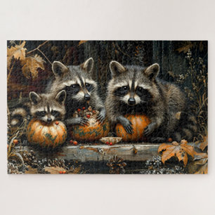 Puzzle Trois Raccoons vintages et Citrouille Automne 20x3