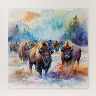 Puzzle Troupeau de bisons dans la neige en aquarelle