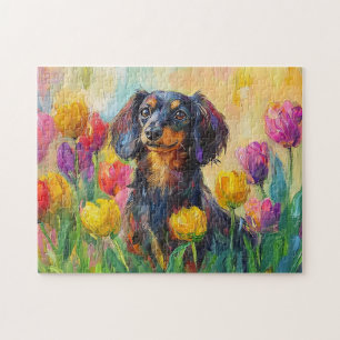 Puzzle Tulipes colorées Dachshund mignonne Peinture