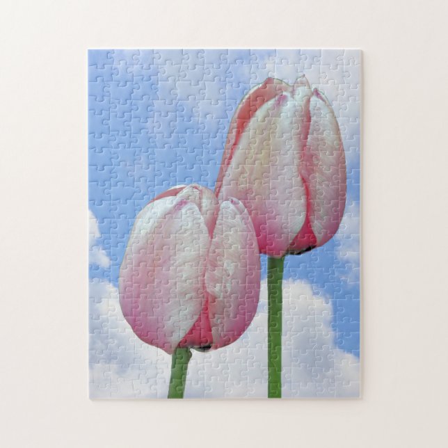 Puzzle Tulipes Roses Ciel Bleu Et Nuages Blancs (Vertical)