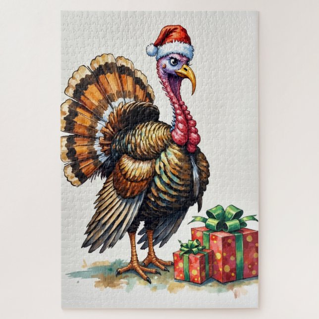 Puzzle Turkey Clumsily Hiding with Paper Santa Hat (Vertical)