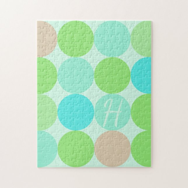 Puzzle Turquoise Bleu Vert & Cercles Orange Monogramme (Vertical)
