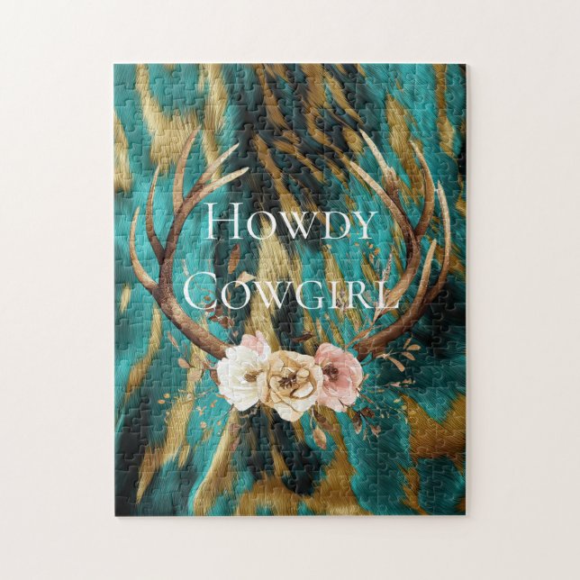 Puzzle Turquoise Brown Vachette dorée Cerf Antlers Floral (Vertical)