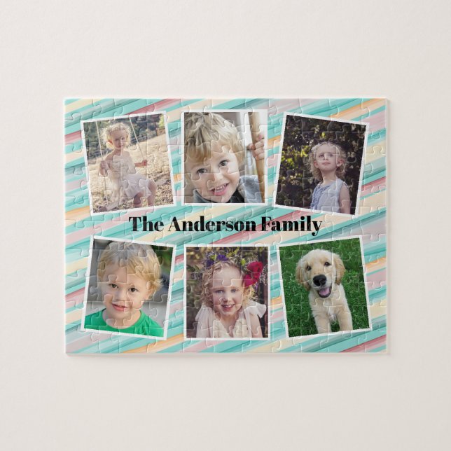 Puzzle Turquoise Gold Orange Stripes Family Photo Collage (Horizontal)