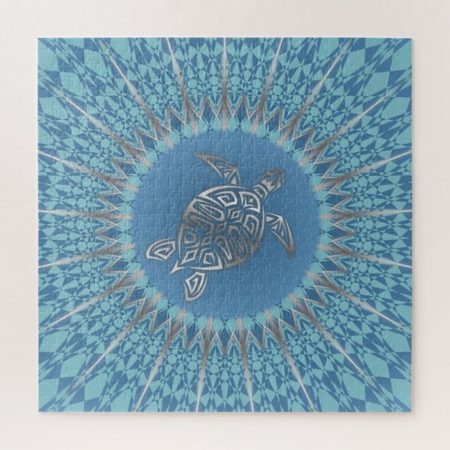 Puzzle Turtle bleu argenté Mandala Maritime (Vertical)