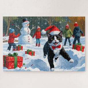 Puzzle Tuxedo Chat coule en neige avec Casquette de Noël