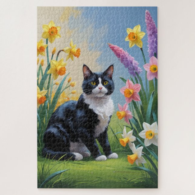 Puzzle Tuxedo Chat Fleurs de Printemps Peinture (Vertical)