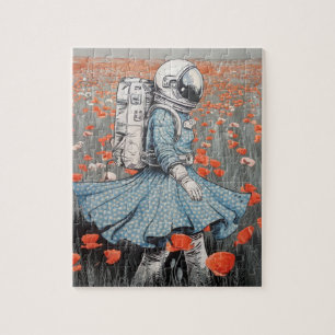 Puzzle un astronaute en robe bleue se promenant dans des