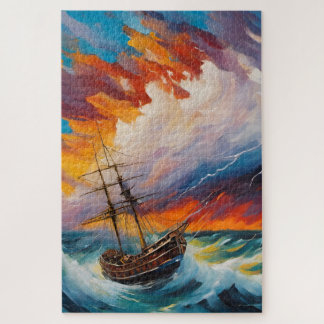 Puzzle Un bâteau pris dans une tempête impressionniste