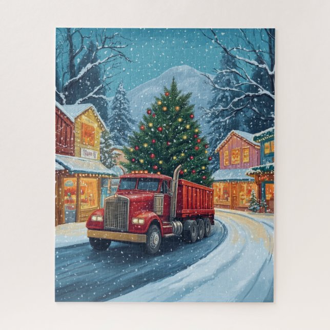 Puzzle Un camion rouge transportant un sapin de Noël (Vertical)