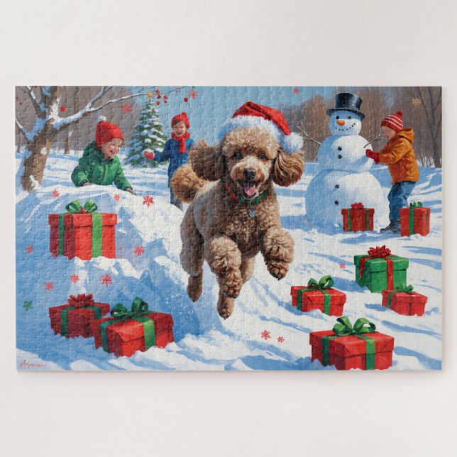 Puzzle Un caniche coule dans la neige avec le Casquette d (Horizontal)