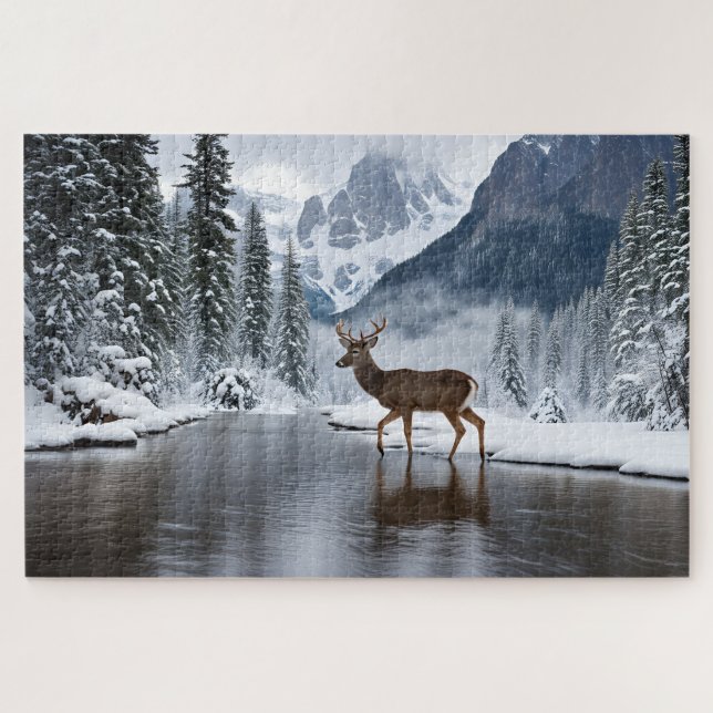 Puzzle Un cerf sur une rivière en hiver (Horizontal)