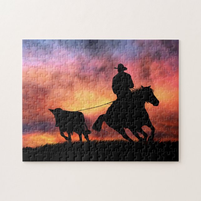 Puzzle Un Cowboy À La Tête Sur Un Cheval (Horizontal)