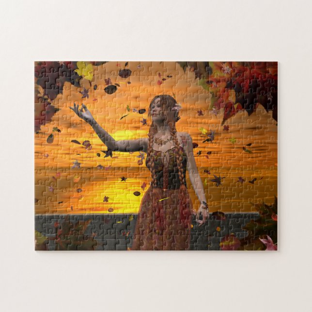 Puzzle Un elfe en chute de Feuilles contre le coucher de  (Horizontal)