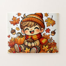 Un enfant souriant tenant un gland à l'automne