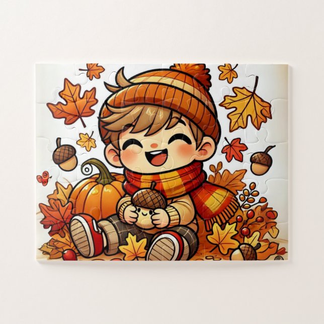 Puzzle Un enfant souriant tenant un gland à l'automne (Horizontal)