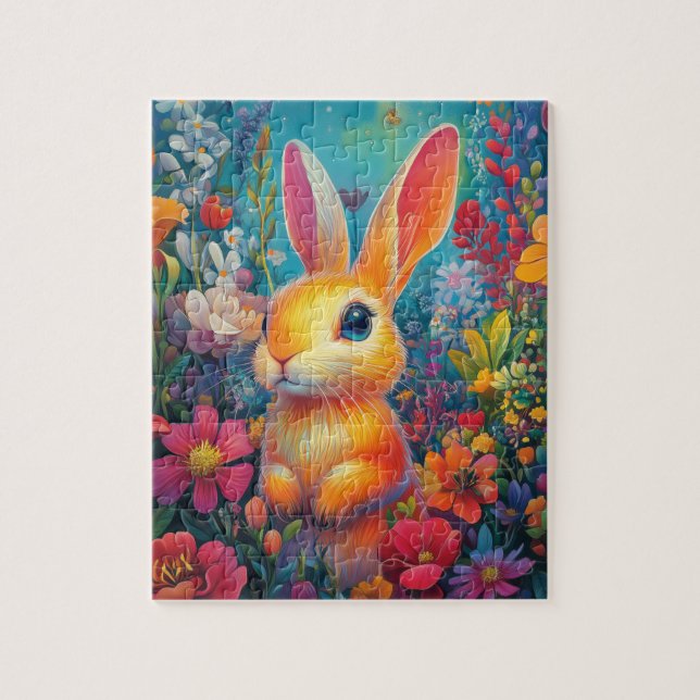 Puzzle Un lapin brillant dans un jardin animé (Vertical)