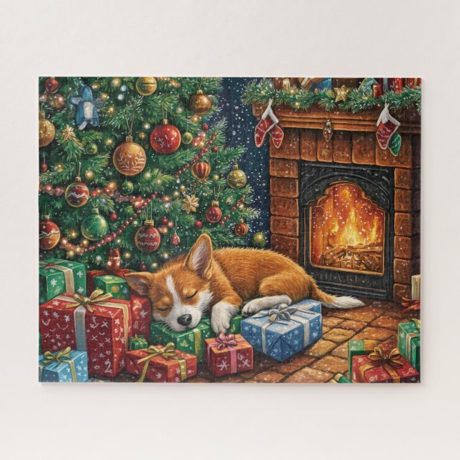 Puzzle Un mignon chien errant dormant sous un sapin de No (Horizontal)
