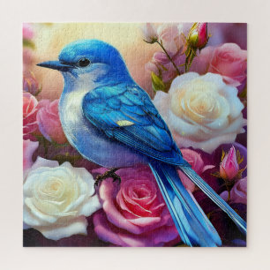 Puzzle Un oiseau bleu perché sur un amas de roses en fleu